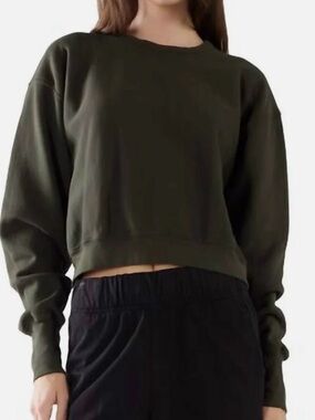 Les Tien Ryder Crop Crew Top Structured Fleece Cotton Forest Green Sz Medium USA